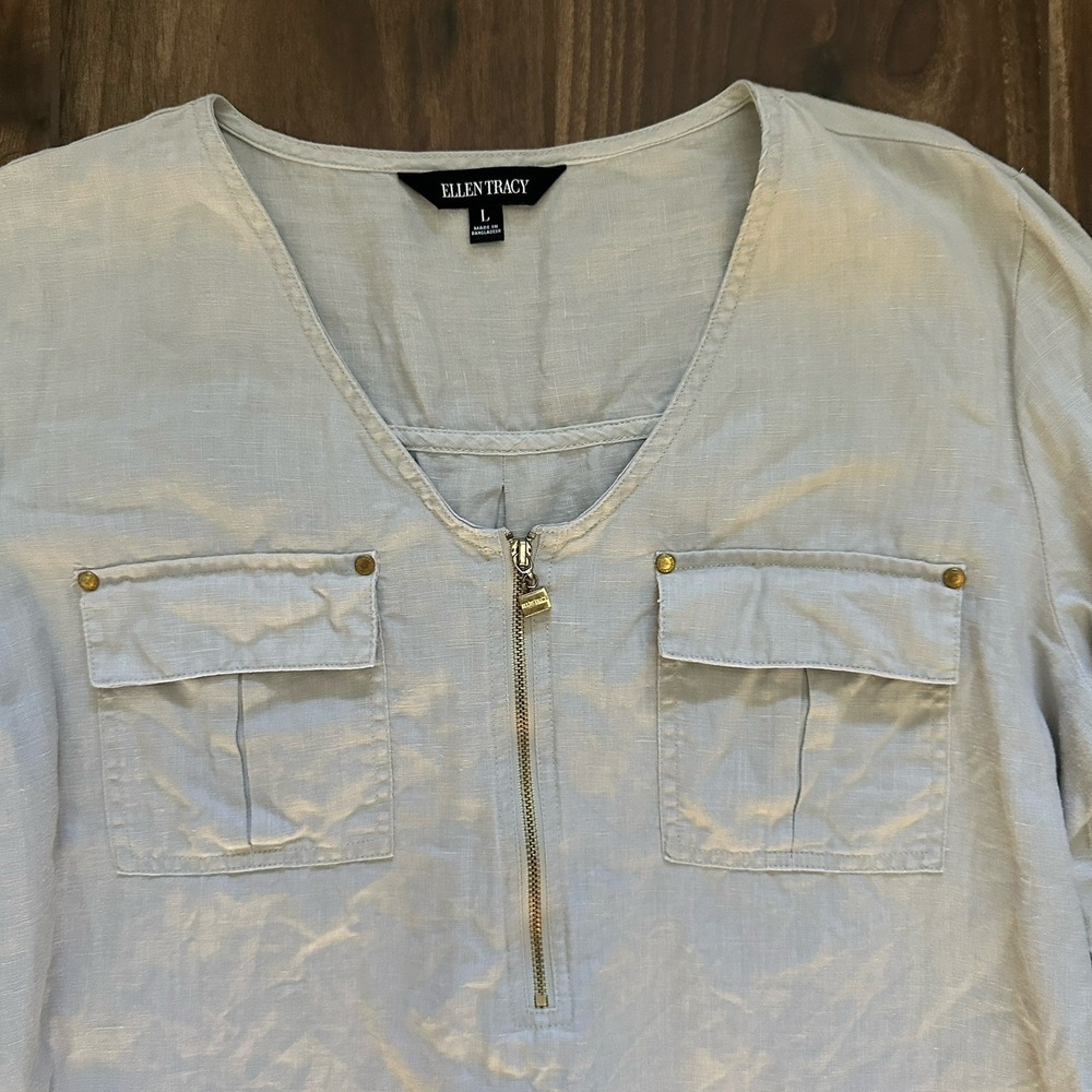 Ellen Tracy Womens Large Linen Blend Zip V-Neck Utility Tunic Top Cream Beige